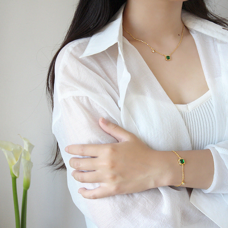 Sterling Silver Green Square Bracelet