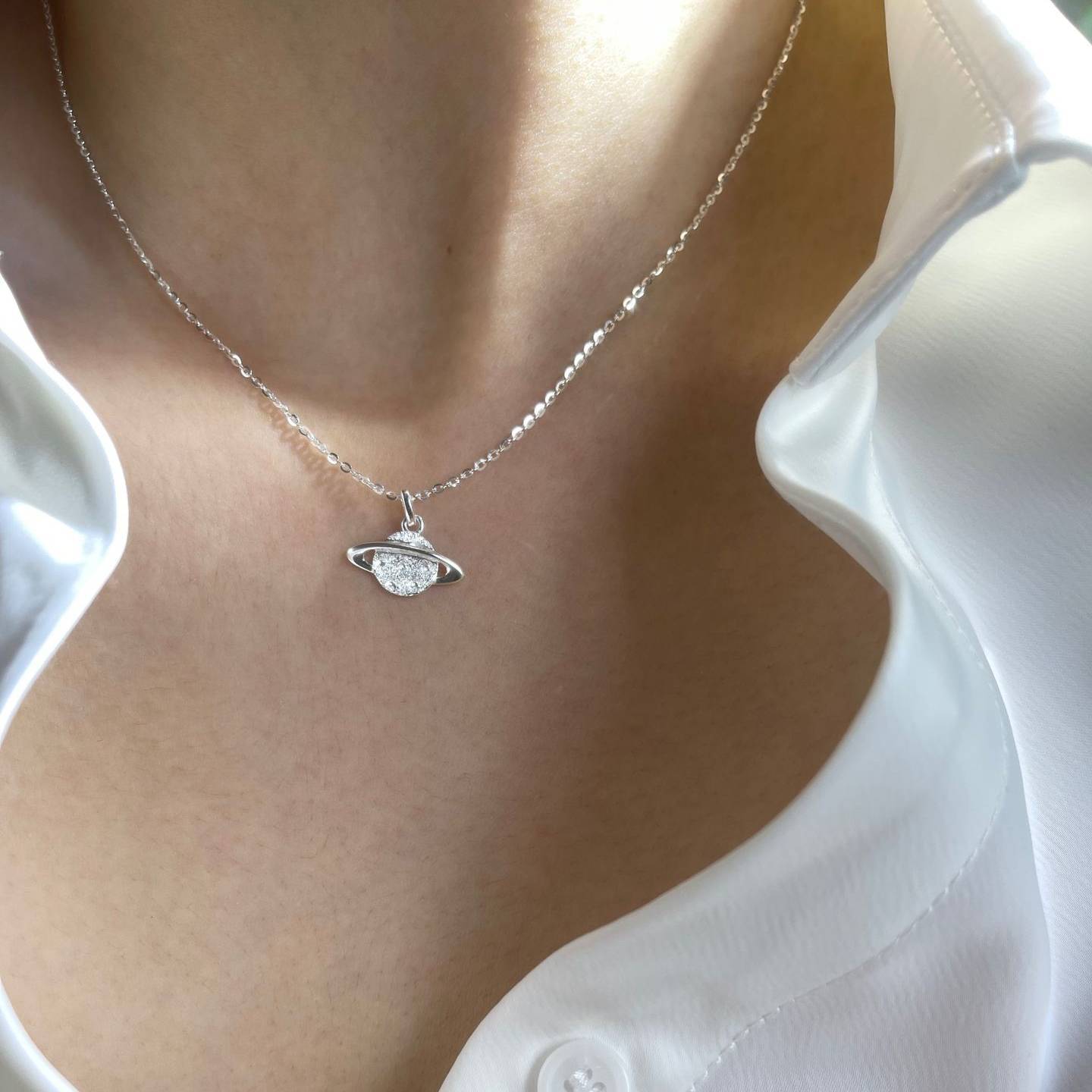 Silver White Glitter Sand Two Lucky Sterling Silver Necklace